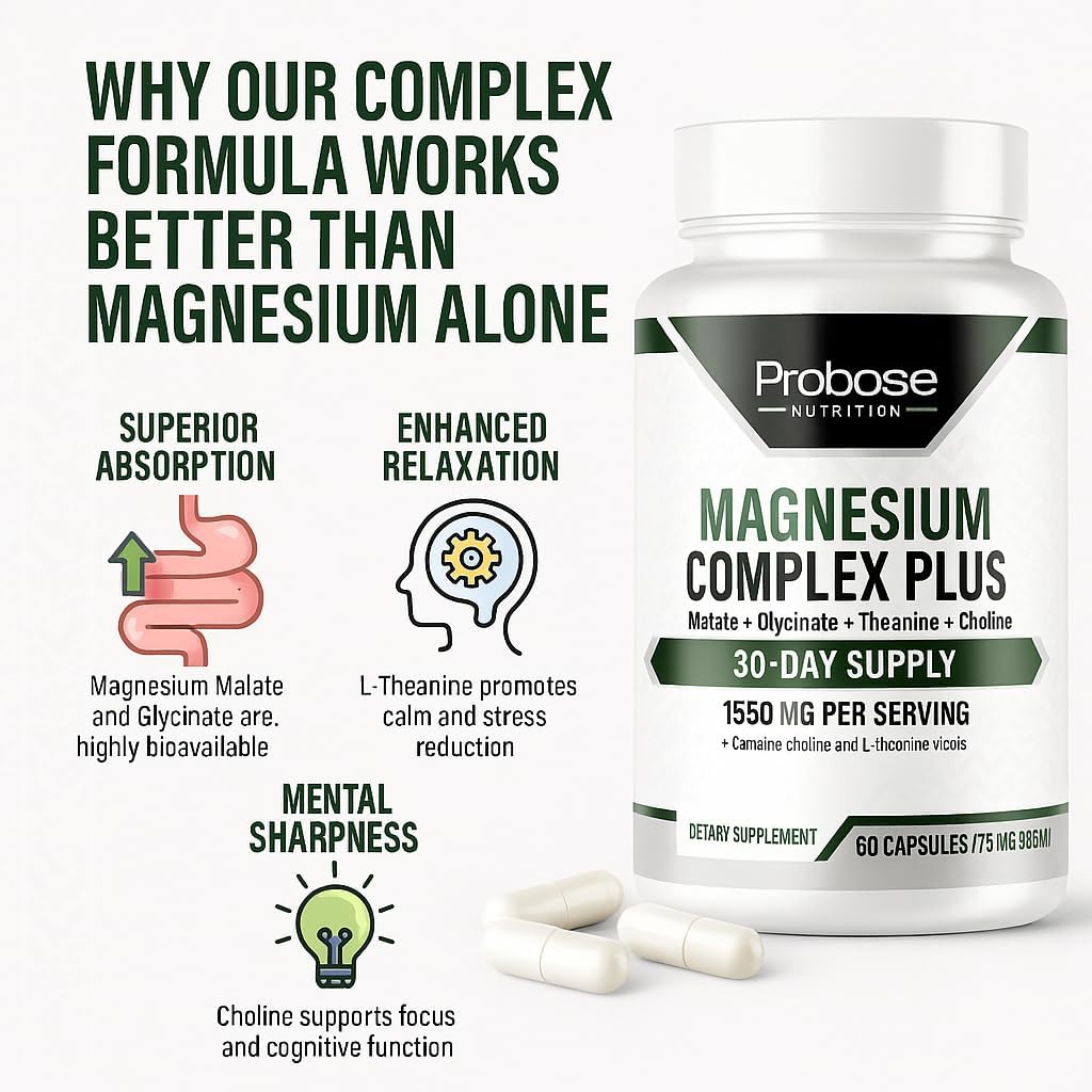 Probase Nutrition Magnesium Complex Plus with Glycinate, Malate, L-Theanine and Choline - Natural Support for Sleep and Cognitive Function - 60 Capsules
