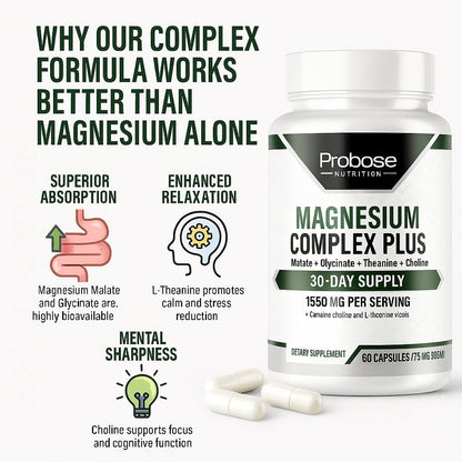 Probase Nutrition Magnesium Complex Plus with Glycinate, Malate, L-Theanine and Choline - Natural Support for Sleep and Cognitive Function - 60 Capsules