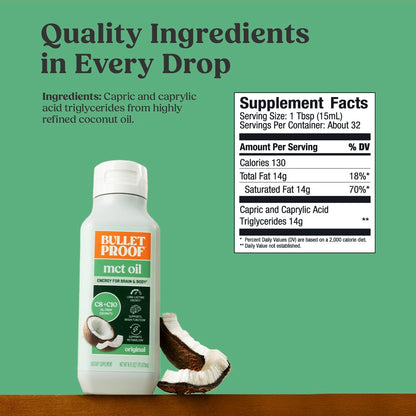 Bulletproof C8 & C10 MCT Oil, 100% Pure Coconut Oil, Triple-Distilled for Sustained Keto Energy, Unflavored, No Additives or Fillers, Non-GMO, 16 oz