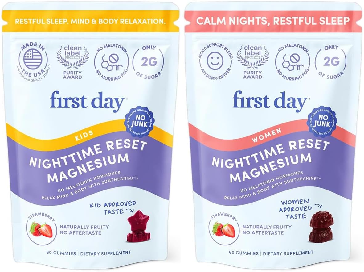 FIRST DAY Kids & Womens' Calming Magnesium Gummies (Strawberry) | Rest & Energy Bedtime Supplement | Balanced Mood | No Melatonin | Clean Label Project Verified® | Vegan, Non-GMO | 30-Day Supply