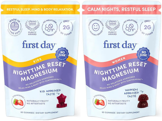 FIRST DAY Kids & Womens' Calming Magnesium Gummies (Strawberry) | Rest & Energy Bedtime Supplement | Balanced Mood | No Melatonin | Clean Label Project Verified® | Vegan, Non-GMO | 30-Day Supply