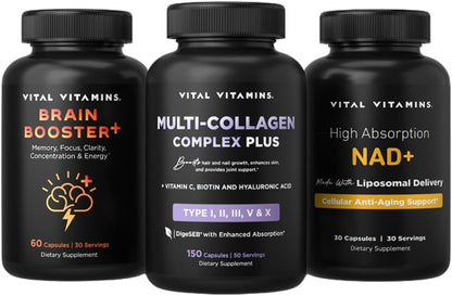 Vital Vitamins Age Defying Bundle: Multi-Collagen Plus, Brain Booster Plus, NAD+