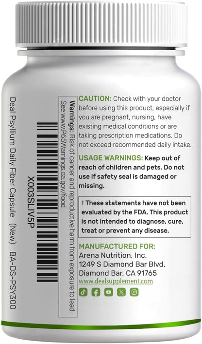 Psyllium Husk 1500mg Per Serving, 300 Capsules – 3 in 1 Fiber Supplement with Inulin & Acacia Complex – Natural Soluble Fiber, Supports Digestive Health* – Plant Based, Non-GMO