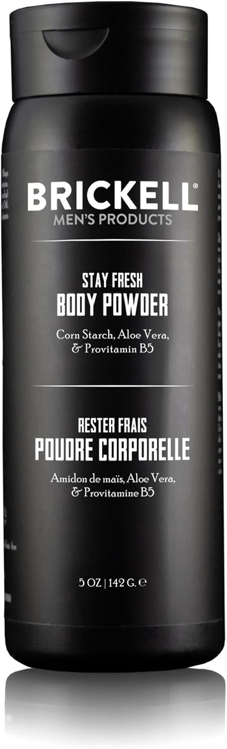 Brickell Men's Products Stay Fresh Body Powder for Men, Talc-Free, Absorbs Sweat, Keeps Skin Dry, with Aloe, Pro-Vitamin B5, and Corn Starch, 5 oz, Scented