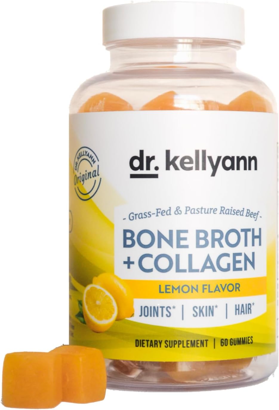 Dr. Kellyann Collagen + Bone Broth Gummies, Lemon | Gut, Skin, Joint & Hair Support | Grass-Fed Beef | Non-GMO, Dairy-Free, Soy-Free | 60 Gummies