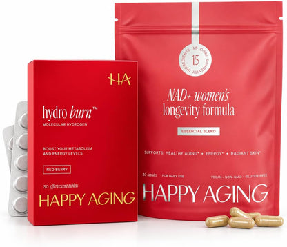 Happy Aging Essential Blend + Hydro Burn Bundle, NAD+ Women’s Longevity Formula & Molecular Hydrogen, 30 Capsules + 30 Effervescent Tablets