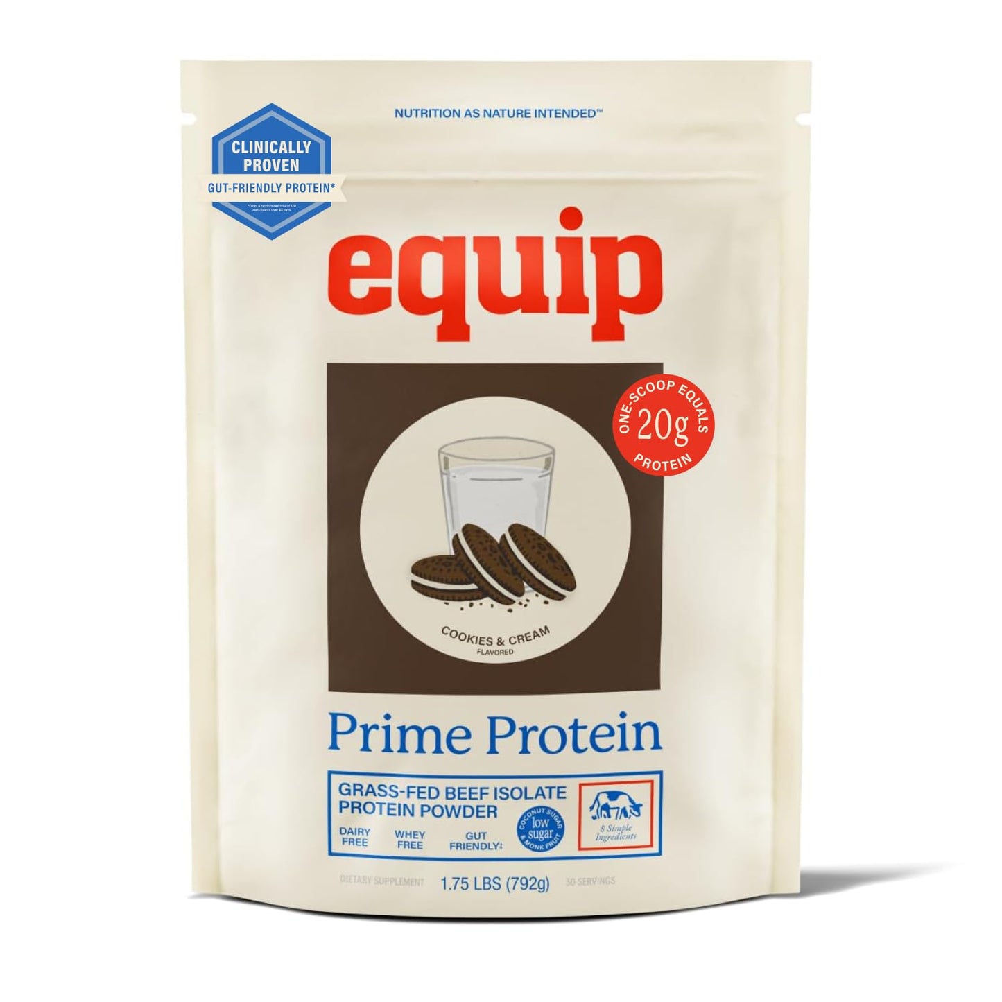 Equip Prime Chocolate Protein Powder - Gut-Friendly, No Sugar Protein Shake Powder with Grass-Fed Beef & Natural Collagen - Rich & Creamy Mix - 21g Per Serving - Whey & Dairy-Free (30 Scoops)