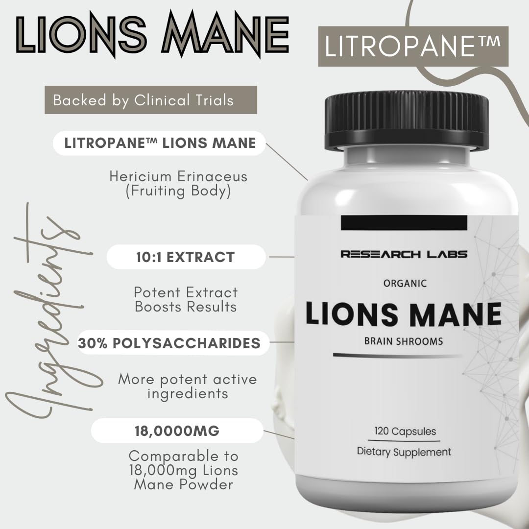 Research Labs Organic Lions Mane Supplement Capsules, 2 Fer 1 Ad - 240 Capsules w/Patent Litropane™ Immune System Booster Nootropic Brain Support Mushroom Supplement. Concentrated & Purified Extract