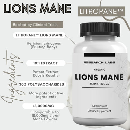 Research Labs Organic Lions Mane Supplement Capsules, 2 Fer 1 Ad - 240 Capsules w/Patent Litropane™ Immune System Booster Nootropic Brain Support Mushroom Supplement. Concentrated & Purified Extract