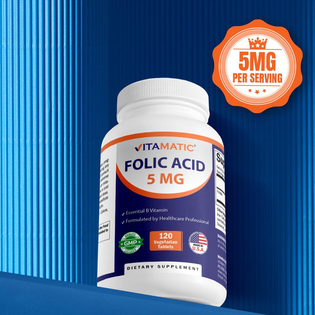 Vitamatic Folic Acid 5 mg (5,000 mcg), 120 Vegetarian Tablets | Vitamin B9 | 8,333 mcg DFE Foalte, Support Red Blood Cell Formation*, Heart & Nervous System Health*, Non GMO, Gluten Free, Made in USA