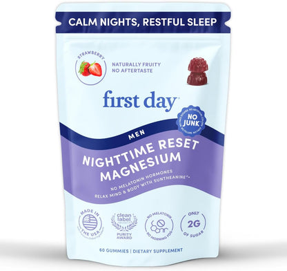 FIRST DAY Calm Magnesium Gummies for Men, L-Theanine, Melatonin-Free, 60ct | Vegan strawberry citrate magnesium for men with L-theanine and Zembrin; melatonin-free nighttime relaxation support.