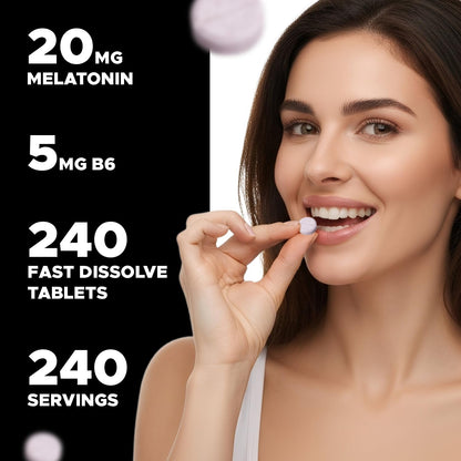 Vitabod Melatonin 20 mg Fast Dissolve Tablets with Vitamin B6, 240 Ct | Natural Berry Flavor, Sleep Support*, Non-GMO, Gluten Free, Made in USA
