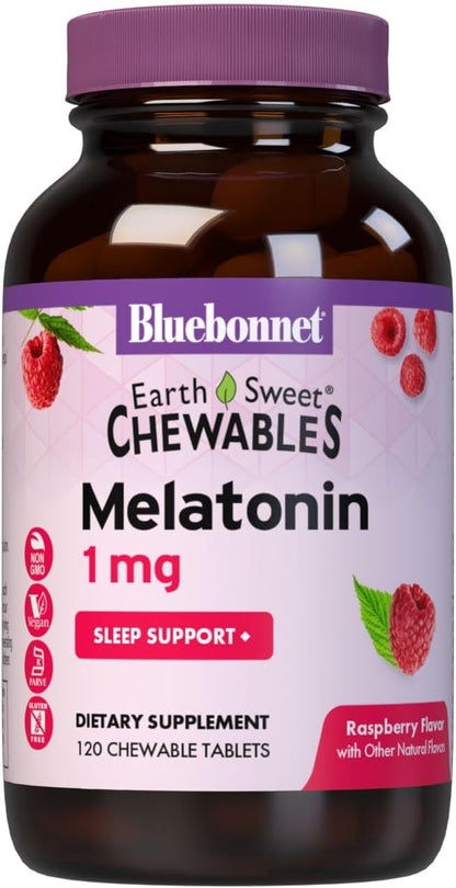 Bluebonnet Nutrition EarthSweet Melatonin 1 mg Fast-Acting Quick Dissolve Nighttime Relaxation & Restful Sleep Support - Sleep Aid - Gluten-Free, Vegan - Raspberry Flavor - 120 Chewable Tablets