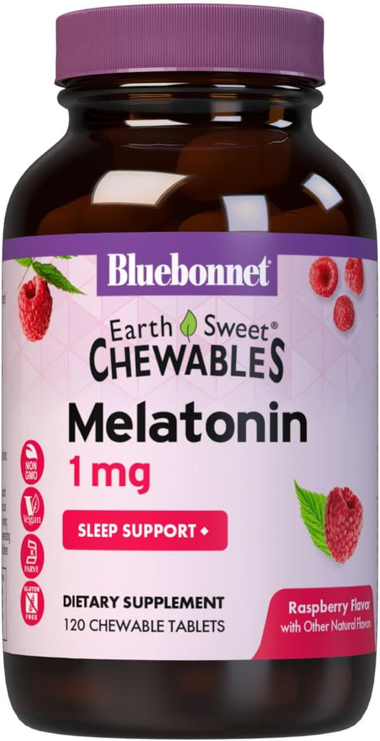 Bluebonnet Nutrition EarthSweet Melatonin 1 mg Fast-Acting Quick Dissolve Nighttime Relaxation & Restful Sleep Support - Sleep Aid - Gluten-Free, Vegan - Raspberry Flavor - 120 Chewable Tablets