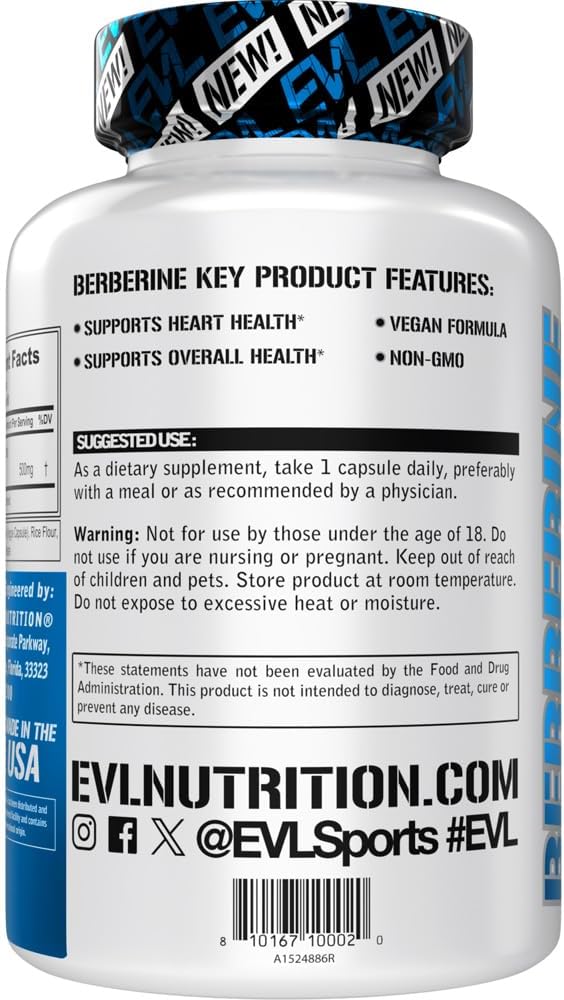 Evlution Nutrition Berberine - Supports Heart Health & Overall Health - 500mg Pure Berberine Per Serving - Vegan Formula - Non-GMO - Dietary Supplement - 60 Servings - 60 Veggie Capsules