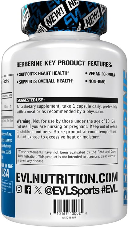 Evlution Nutrition Berberine - Supports Heart Health & Overall Health - 500mg Pure Berberine Per Serving - Vegan Formula - Non-GMO - Dietary Supplement - 60 Servings - 60 Veggie Capsules