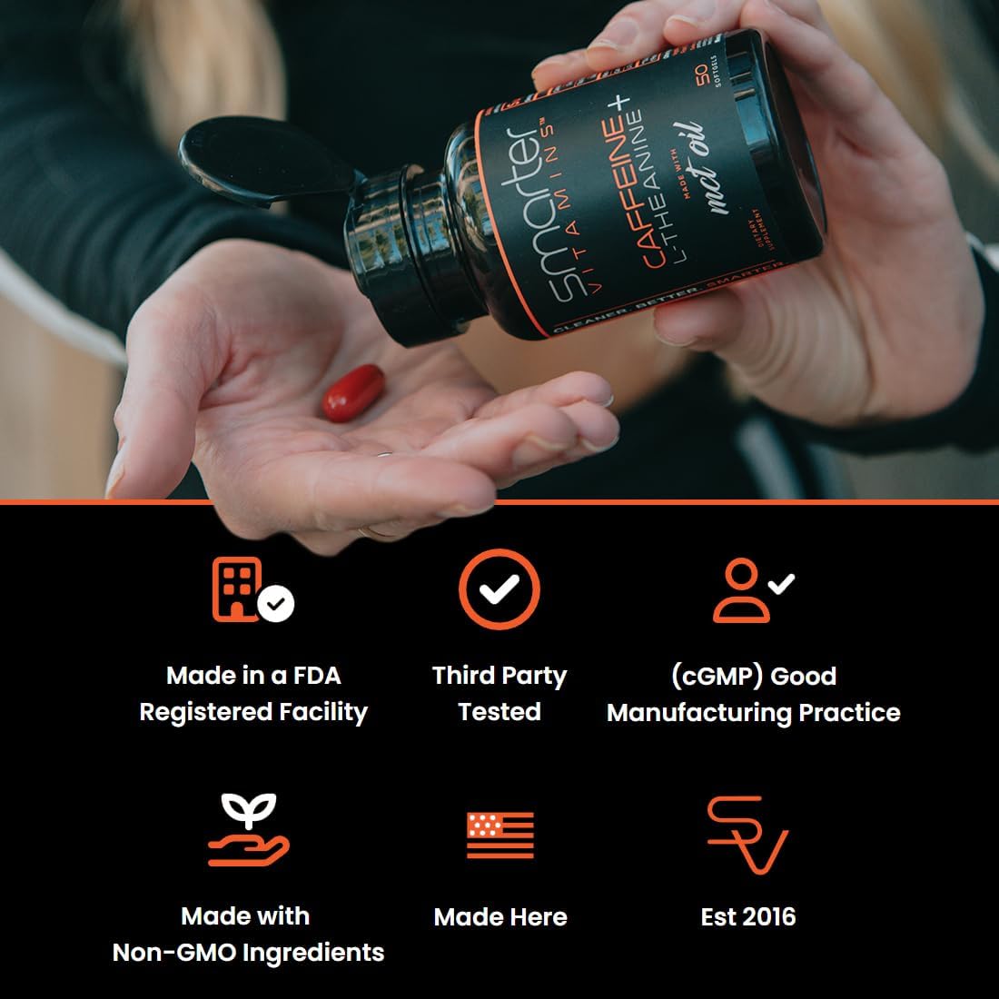 Caffeine Pills 200mg with 100mg L-Theanine & Coconut MCT Oil, 50 Softgels | 2:1 Caffeine-to-L-theanine ratio for smooth energy and focus, one daily softgel, non-GMO, easy-to-swallow, third-party tested