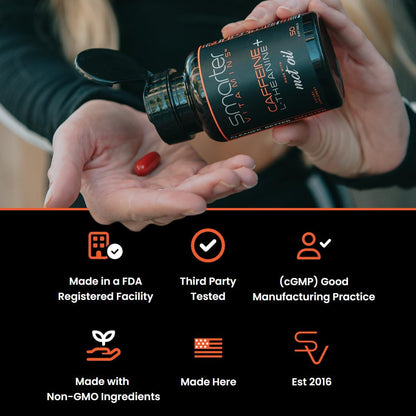 Caffeine Pills 200mg with 100mg L-Theanine & Coconut MCT Oil, 50 Softgels | 2:1 Caffeine-to-L-theanine ratio for smooth energy and focus, one daily softgel, non-GMO, easy-to-swallow, third-party tested