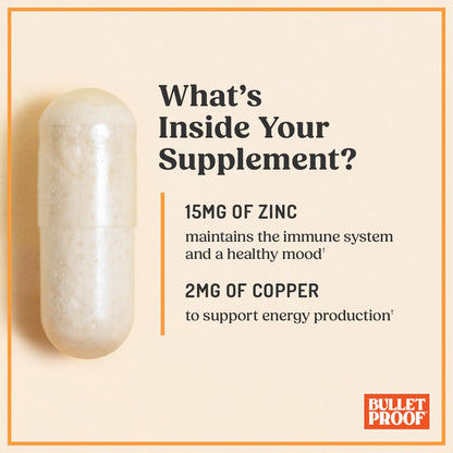 Bulletproof Zinc with Copper Capsules, 60 Count, Minerals and Antioxidant Supplement for Immunity and Mood
