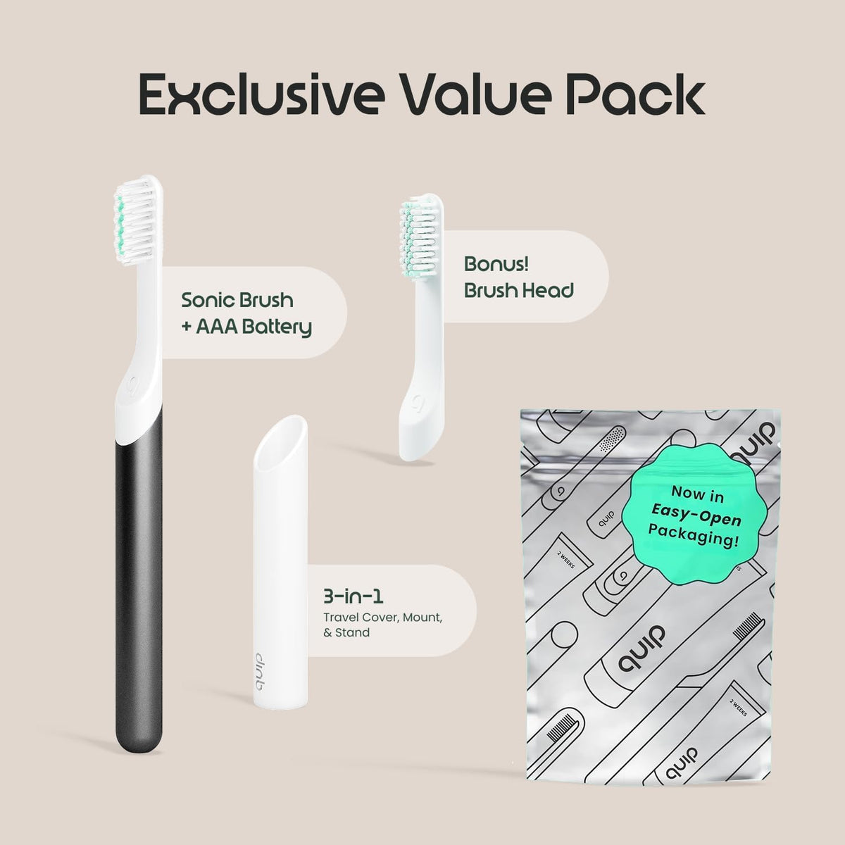 Quip Sonic Electric Toothbrush, Extra Brush Head, Metal Handle, Slate