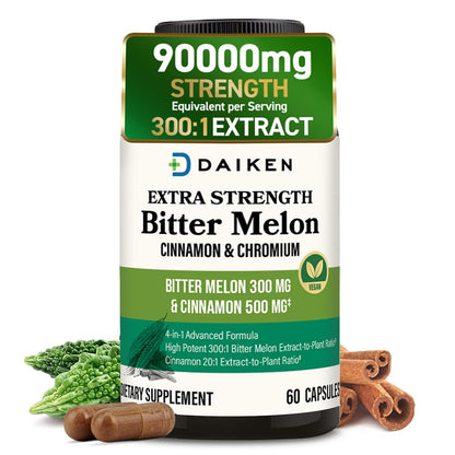 DAIKEN Bitter Melon, Cinnamon & Chromium, 100% Vegetarian Bitter Melon Capsules with Cinnamon Chromium & Zinc, 60 Capsules