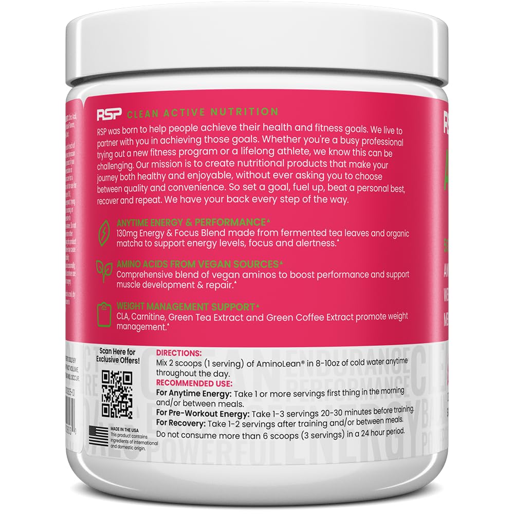 AminoLean Pre Workout Powder & Natural Amino Energy with Vegan BCAA + EAA | Jitter-Free Preworkout Energy from Green Tea + Amino Acids & Weight Management for Women & Men - Vegan, Zero Sugar, No Crash