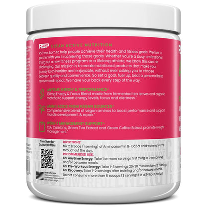 AminoLean Pre Workout Powder & Natural Amino Energy with Vegan BCAA + EAA | Jitter-Free Preworkout Energy from Green Tea + Amino Acids & Weight Management for Women & Men - Vegan, Zero Sugar, No Crash