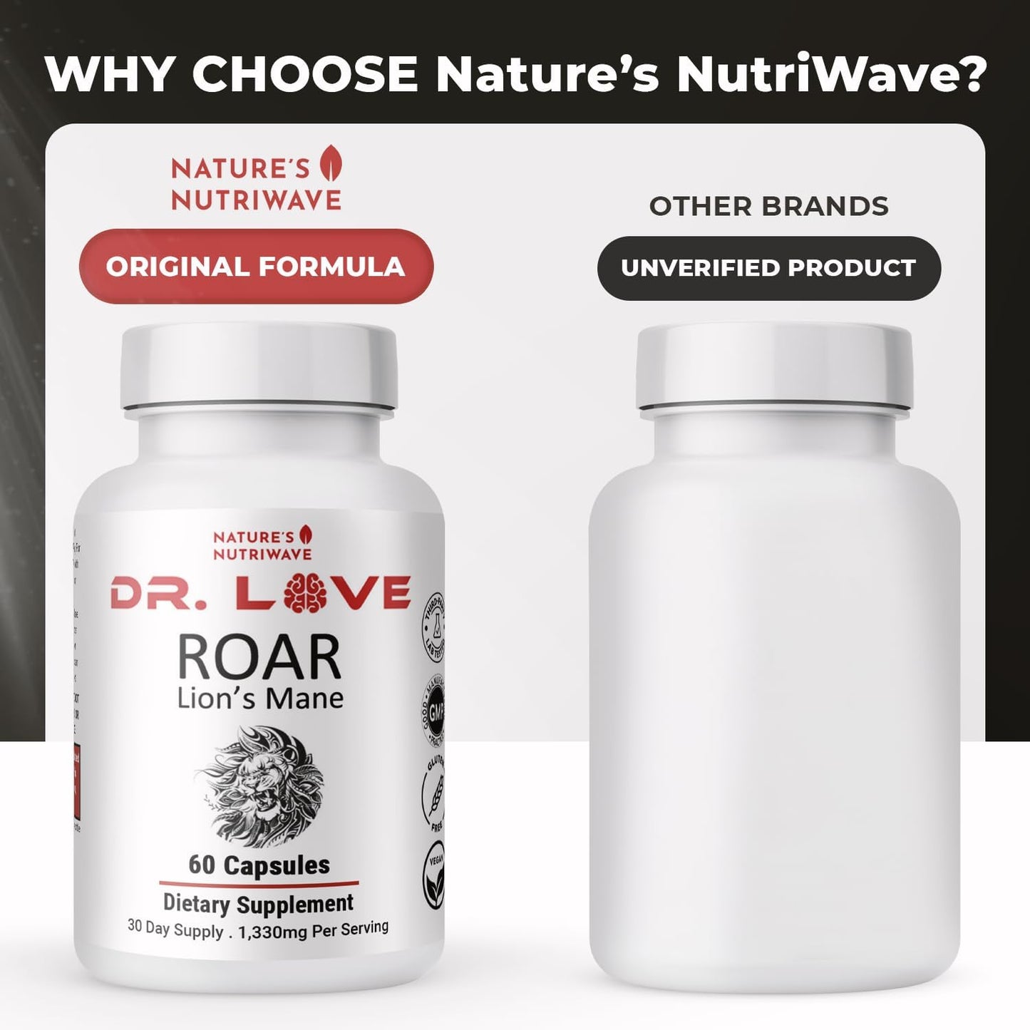 Dr. Love ROAR Lion's Mane – Cordyceps & Reishi – 60 Ct, 1 Month Supply | Also includes Lion's Mane with Cordyceps, Reishi & Shiitake | Vegan, Gluten-Free, GMP Certified, Made in USA