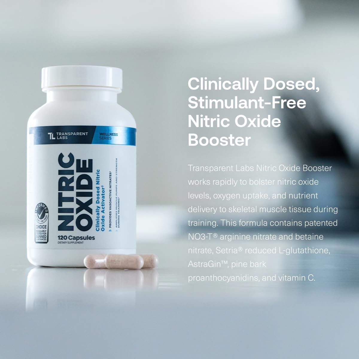 Transparent Labs Nitric Oxide - Nitric Oxide Booster for Men and Women with Arginine Nitrate, Betaine Nitrate, Pine Bark Extract, and Astragin for Nitric Oxide Flow - 120 Count