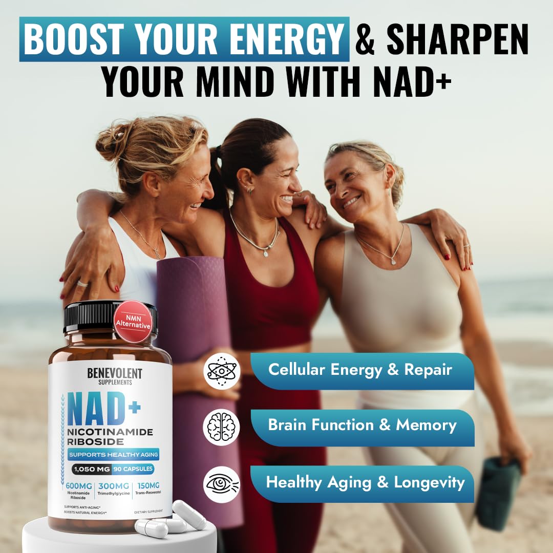 Benevolent NAD+ Supplement 1050mg, Max Absorption 3in1 NAD Supplements for Women & Men with Nicotinamide Riboside, Trans-Resveratrol & TMG, NAD Plus for Cellular Energy, Brain Support & Aging, 90 Caps