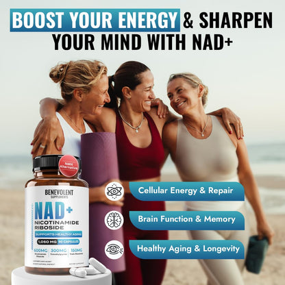 Benevolent NAD+ Supplement 1050mg, Max Absorption 3in1 NAD Supplements for Women & Men with Nicotinamide Riboside, Trans-Resveratrol & TMG, NAD Plus for Cellular Energy, Brain Support & Aging, 90 Caps