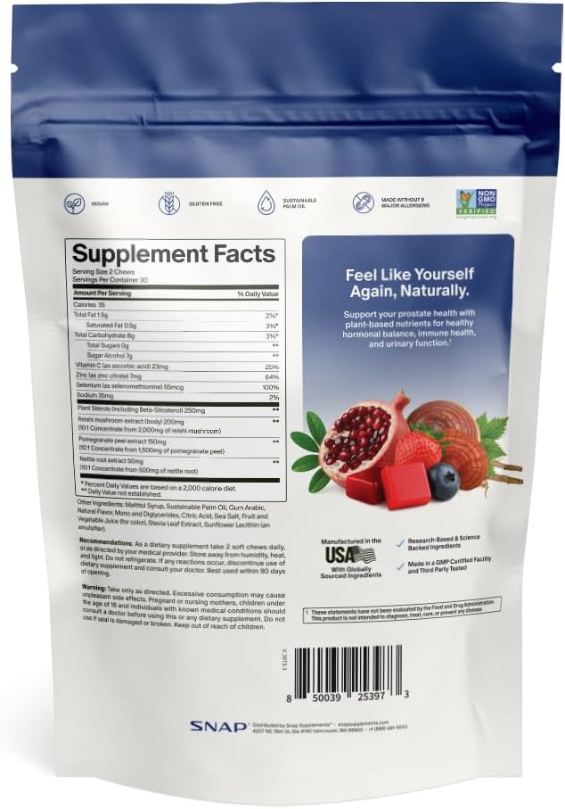 Snap Supplements Prostate Health Supplement for Men, 60 Sugar-Free Chews | Plant Sterols, Nettle Root & Reishi Mushroom - Supports Prostate and Urinary Wellness, Pomegranate-Berry Flavor, Vegan