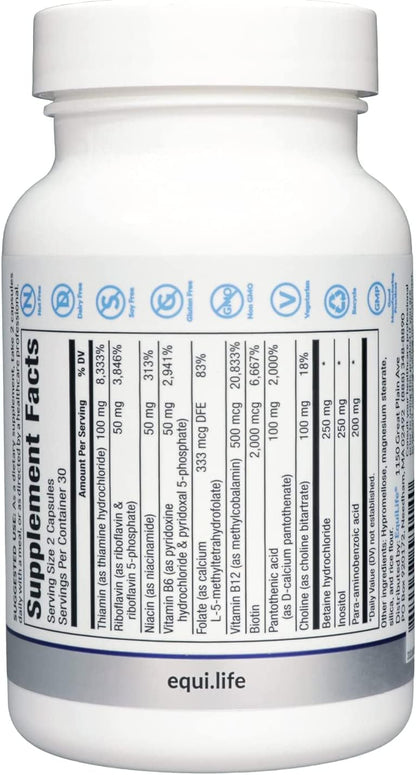 Equilife Activated B Complex Methylated Vitamin B Supplement, 60 Capsules | Biotin | Inositol | B12 & B6 | Supports Heart Health, Energy, Nervous System Function & Mood | Gluten Free | Vegan | Non-GMO