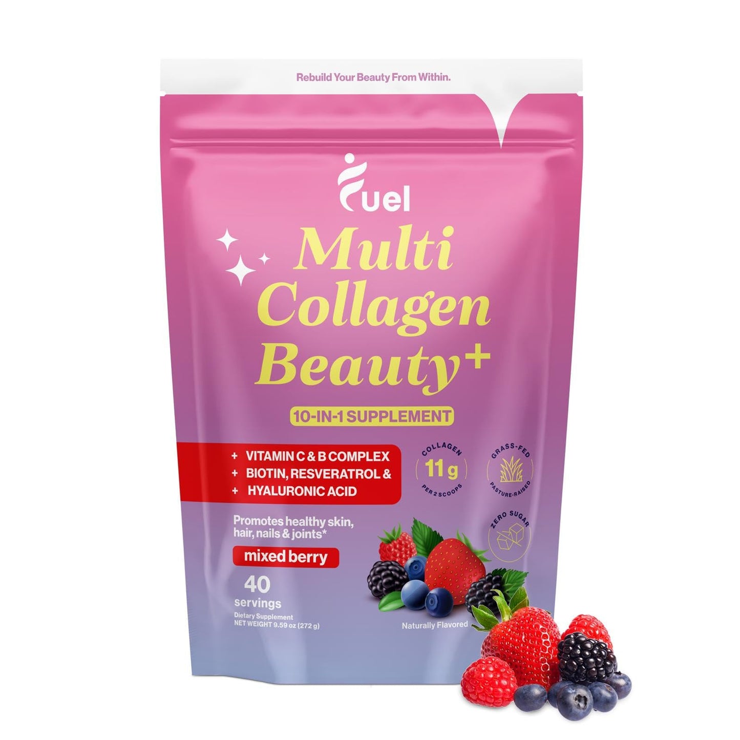 Fuel Multi Collagen Peptides Powder – 20g Hydrolyzed Collagen Types I, II, III, V & X – Hair, Skin, Nails & Joint Support – Keto & Gluten Free – Unflavored – 40 Servings (16.64oz)