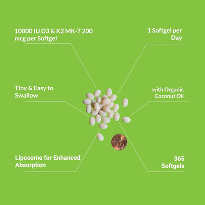 UpNourish Liposomal D3 K2 Vitamin 10000 IU D3 and K2 MK-7 200 mcg - 365 Vitamin D3 k2 (Vitamina D3 con K2) Mini Softgels - Easy to Swallow K2 D3 Vitamin Supplement