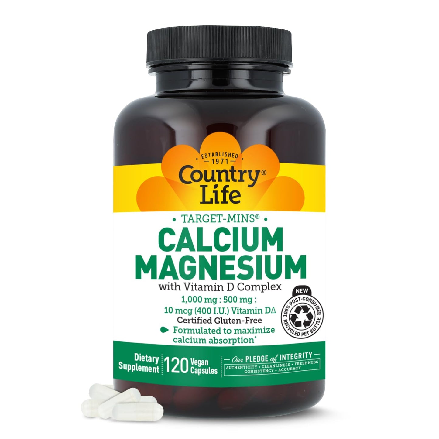 Country Life Target-Mins Calcium Magnesium with Vitamin D-Complex, 1000mg/500mg/10mcg, 240 Vegan Capsules, Certified Gluten Free, Certified Vegan