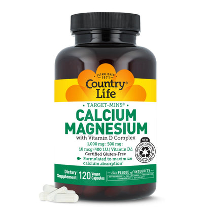 Country Life Target-Mins Calcium Magnesium with Vitamin D-Complex, 1000mg/500mg/10mcg, 240 Vegan Capsules, Certified Gluten Free, Certified Vegan