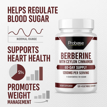 Probase Nutrition Berberine 1200mg with Ceylon Cinnamon Extract - Gluten Free and Vegan - 120 Capsules - Herbal Supplement