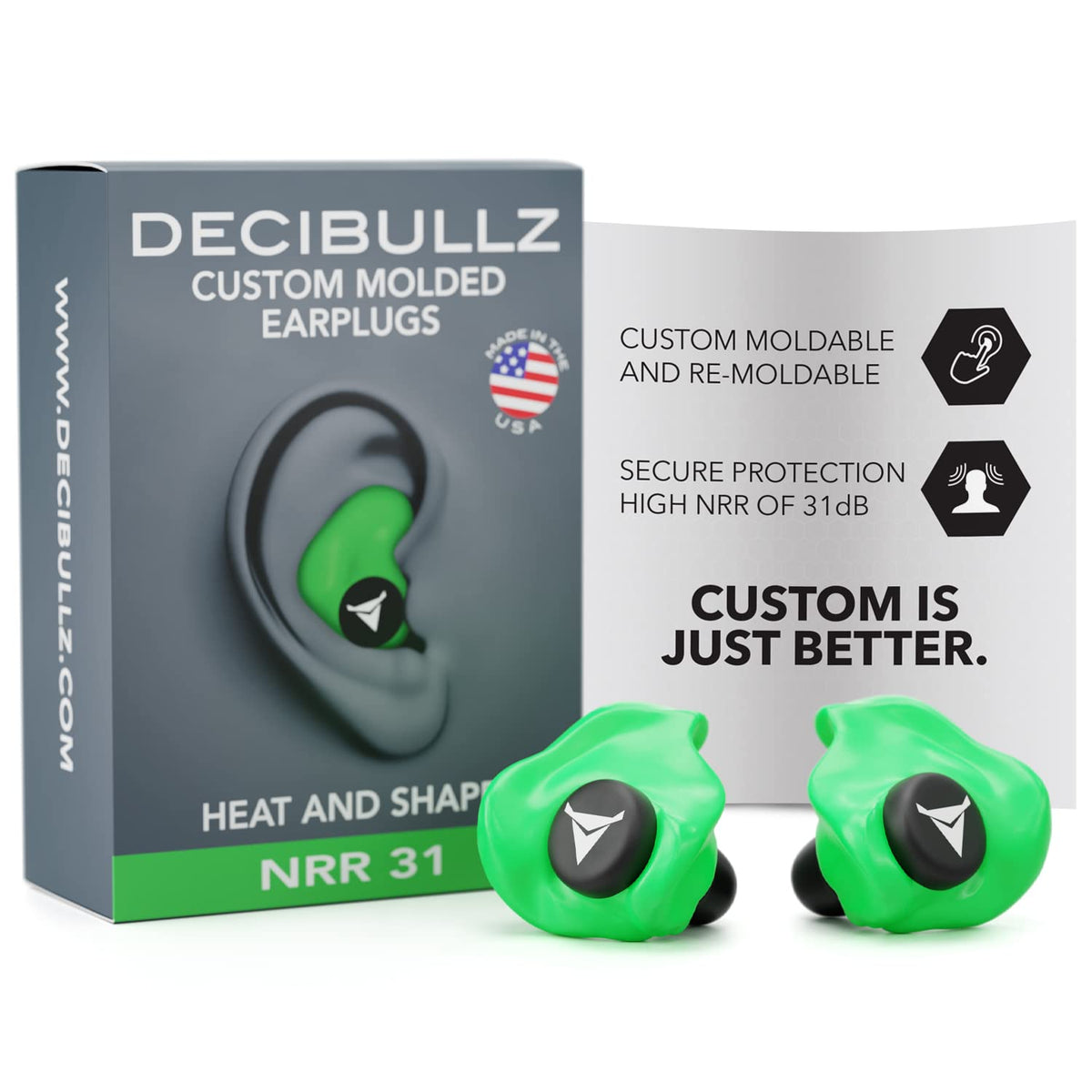 Decibullz - Custom Molded Earplugs, 31dB Highest NRR, Comfortable Hearing Protection 