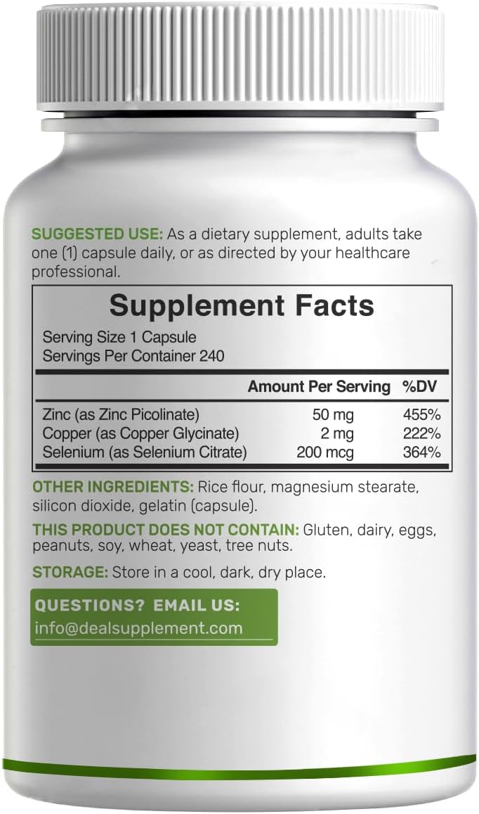 Zinc Picolinate 50mg with Copper & Selenium, 240 Capsules | 3-in-1 High Absorption Mineral Complex | Chelated Zinc Supplement for Immune Support* | 8 Month Supply
