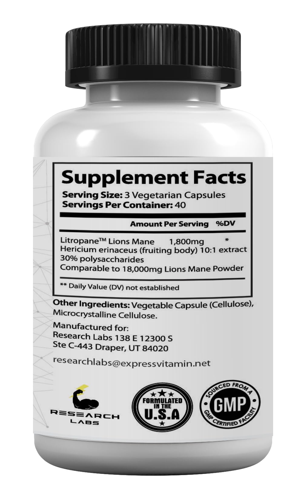 Research Labs Organic Lions Mane Supplement Capsules, 2 Fer 1 Ad - 240 Capsules w/Patent Litropane™ Immune System Booster Nootropic Brain Support Mushroom Supplement. Concentrated & Purified Extract