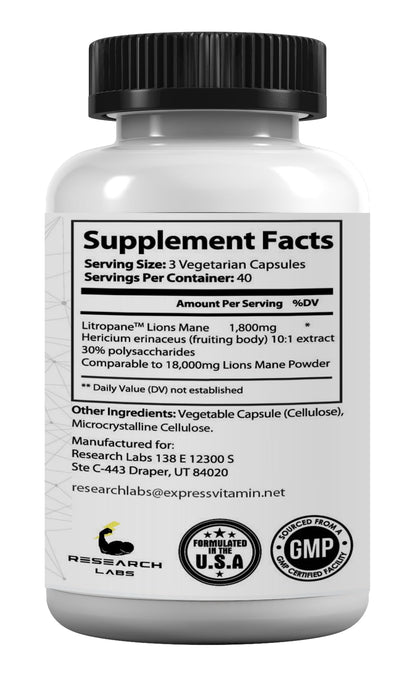 Research Labs Organic Lions Mane Supplement Capsules, 2 Fer 1 Ad - 240 Capsules w/Patent Litropane™ Immune System Booster Nootropic Brain Support Mushroom Supplement. Concentrated & Purified Extract