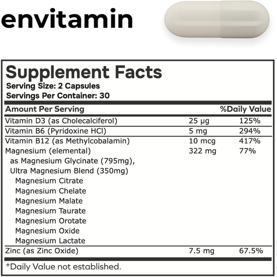 envitamin Ultra Magnesium Glycinate - 8 in 1 Formula with Methylated Vitamin B12, Vitamin D3 and B6.