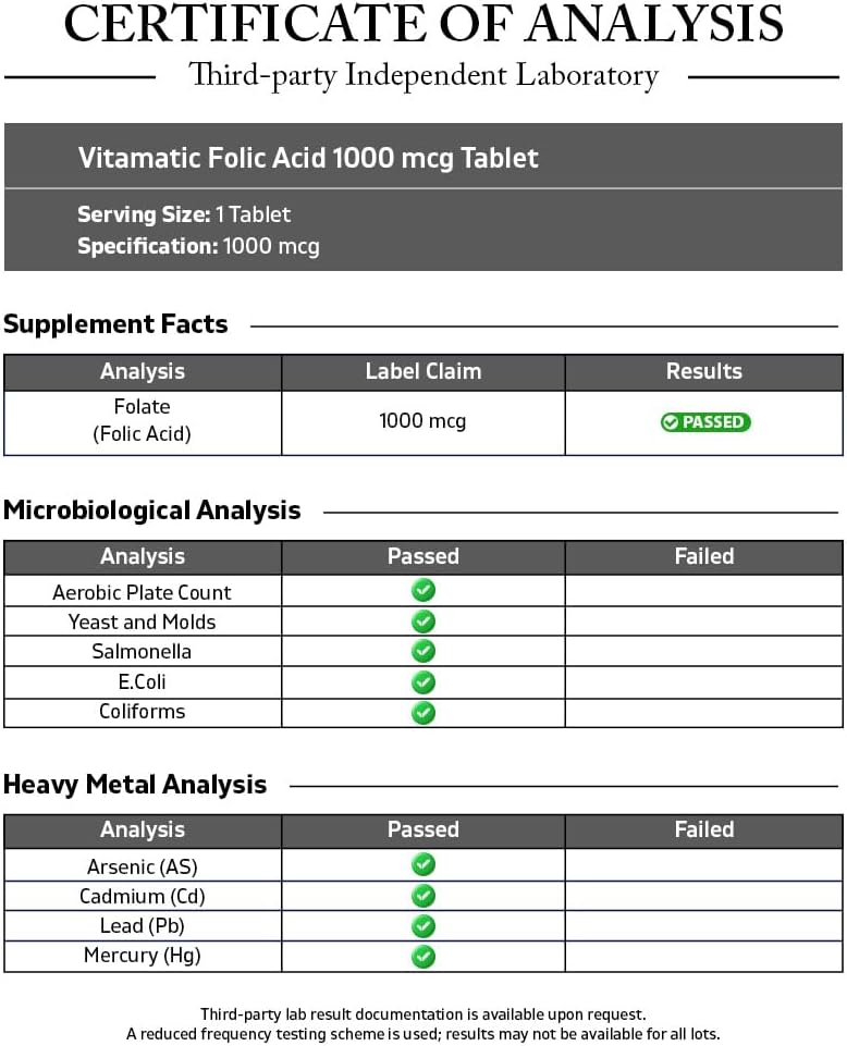 Vitamatic Folic Acid 1000 mcg (1 mg), 240 Vegetarian Tablets | Vitamin B9 | 1667 mcg DFE Folate, Support Healthy Cell Growth*, Red Blood Cell Formation*, Gluten Free, Non-GMO, Made in USA