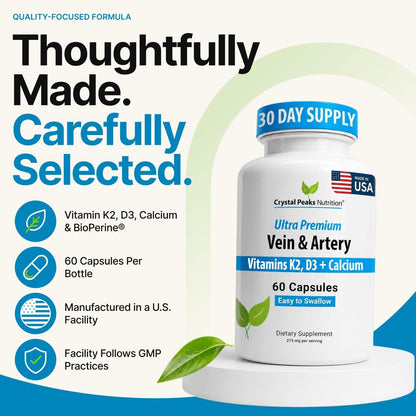 Vein & Artery Supplement - Blood Flow Supplement with Calcium - Blood Circulation Support for Men, Women - Circulation and Vein Support - 60 ct