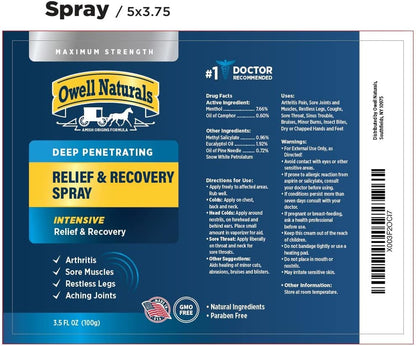 OWELL NATURALS Deep Penetrating Pain Relief Liquid Spray, Fast-Acting, Long Lasting, Natural Relief for Muscle Aches, Joint Pain, Stiffness, Quick Dry Formula, 3.5 oz