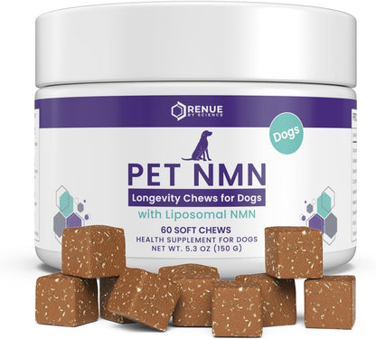 Renue By Science PET NMN Longevity Chews for Dogs - Liposomal NMN, Trans-Resveratrol, Glucosamine, MSM, Chondroitin - Cold Extruded Soft Chews - 60 Count