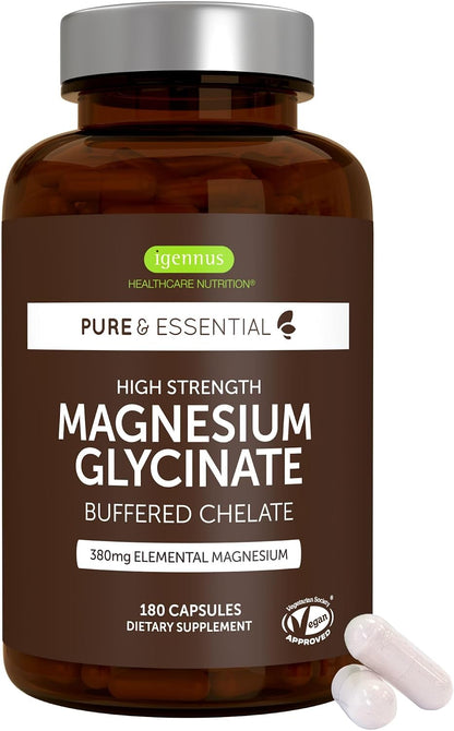 Igennus Highest Strength Fast-Acting Chelated Magnesium Glycinate 1300mg, 380mg Elemental, 90 Servings, Pure & Clean Buffered Magnesium Bisglycinate, Vegan, 180 Capsules