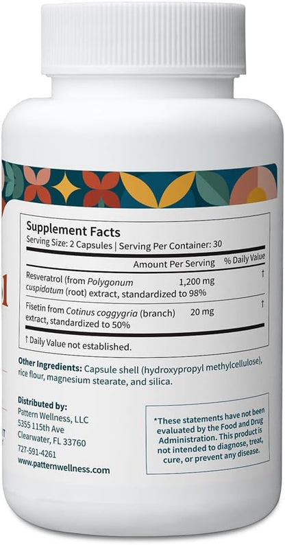 Pattern Wellness Resveratrol with Fisetin – Supports Cellular, Heart & Immune System Health – Promotes Antioxidant Protection – Vegan, Non-GMO, Gluten-Free – 60 Capsules