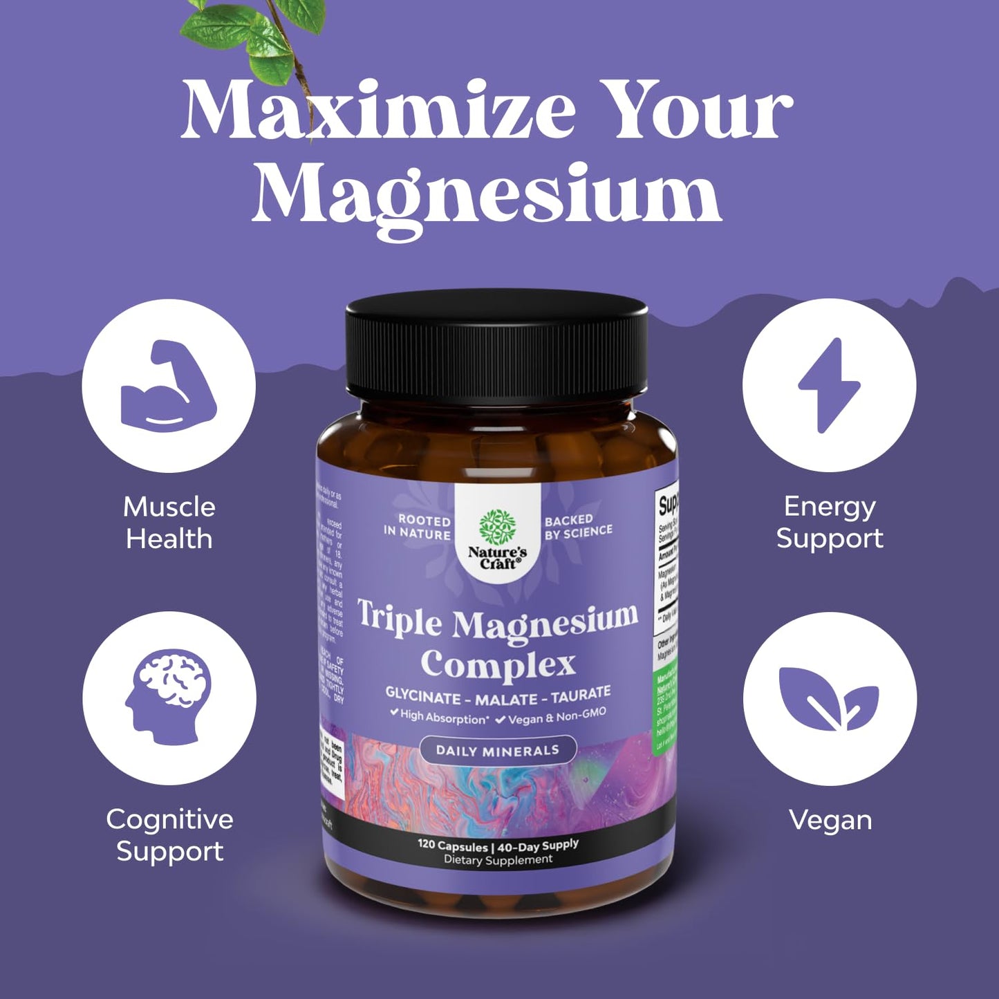 Triple Magnesium Complex Supplement - High Absorption Magnesium Glycinate, Malate & Taurate Blend for Muscles Energy Support & Heart Health - Triple Mg Complex 400 mg Capsules - 180 Count